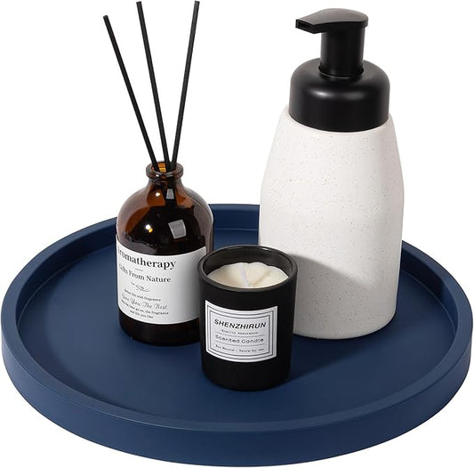 Silicone Bathroom Tray Round Vanity Tray Decorative Soap Holder Kitchen Countertop Organizer Coffee Table Decor for Candle, Perfume, Plant, 10 Inch, Dark Blue