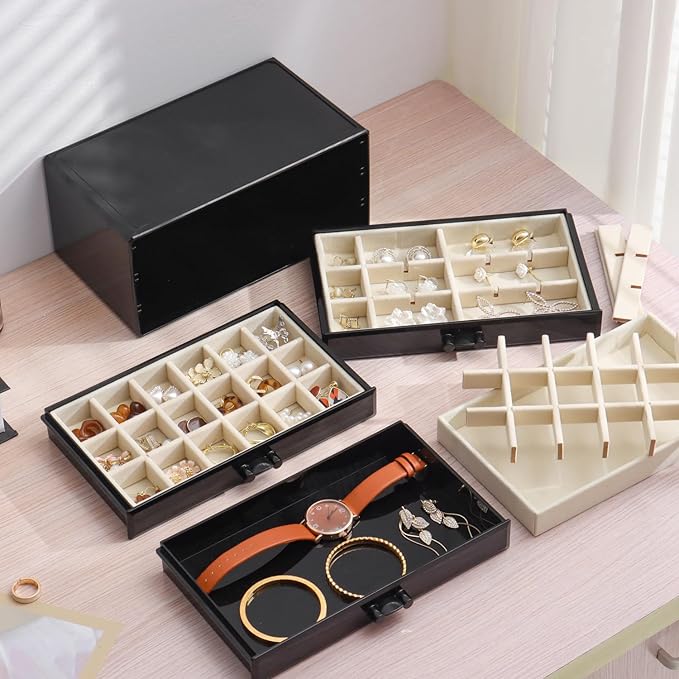 YUFONG Earring Organizer Box Acrylic Jewelry Organizer with 3 Drawers 54 Adjustable Grids Clear Stackable Earring Holder Velvet Trays Ring Display Case for Women Girls (Black Beige)