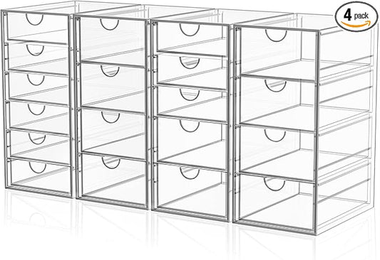Acrylic Makeup Organizer with 19 Drawers, 4 Pack Clear Storage Drawers