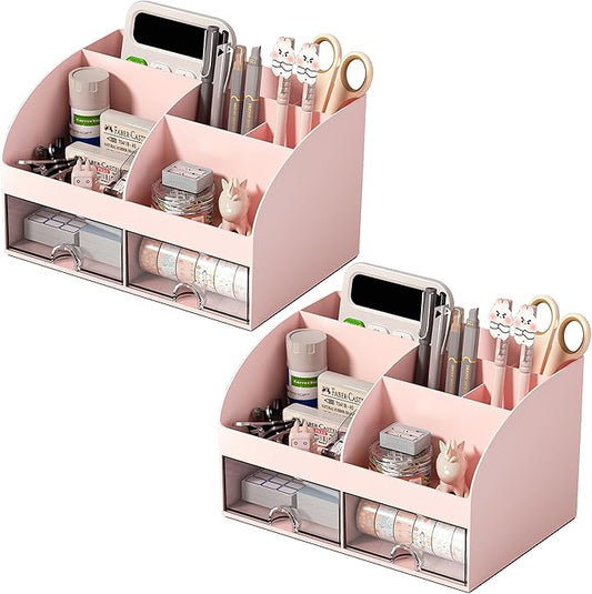 Desk Organizer with 6 Compartments and 2 Drawers, Office Supplies Pink-2Pack