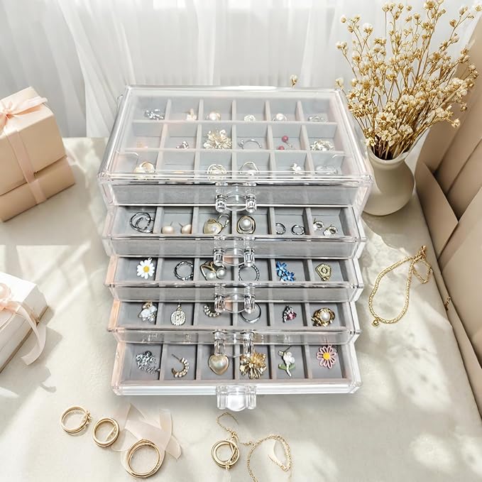 Acrylic Earring Holder Organizer with 5 Drawers Clear Earring Organizer Box with 90 Adjustable Grids Velvet Earring Display Case Jewelry Organizer for Earrings Rings Studs (Grey)