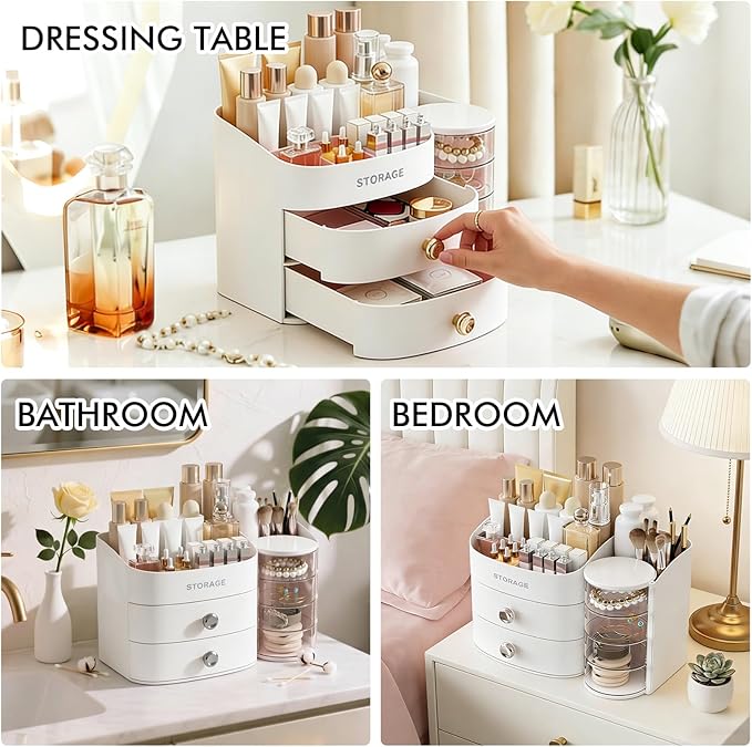 Makeup Organizer Countertop with Drawers, Make up Organizers for Vanity, White