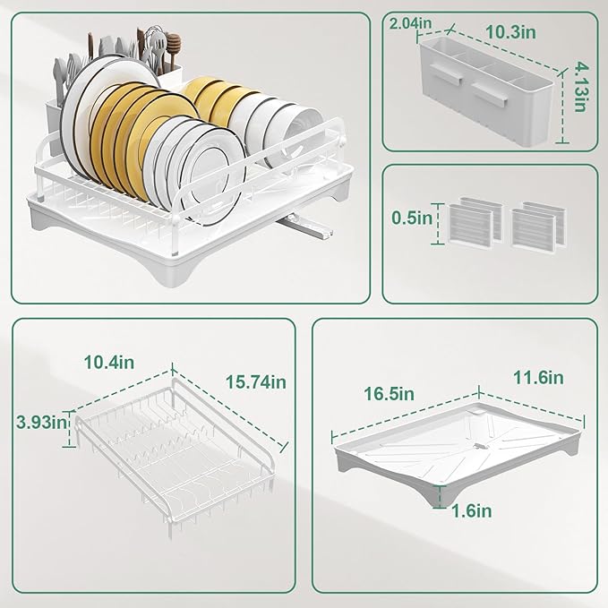 Dish Drying Rack,Dish Racks for Kitchen Counter, Metal Dish Drainer with Adjustable Drainage Spout, Removable Knife and Fork Holder (White)