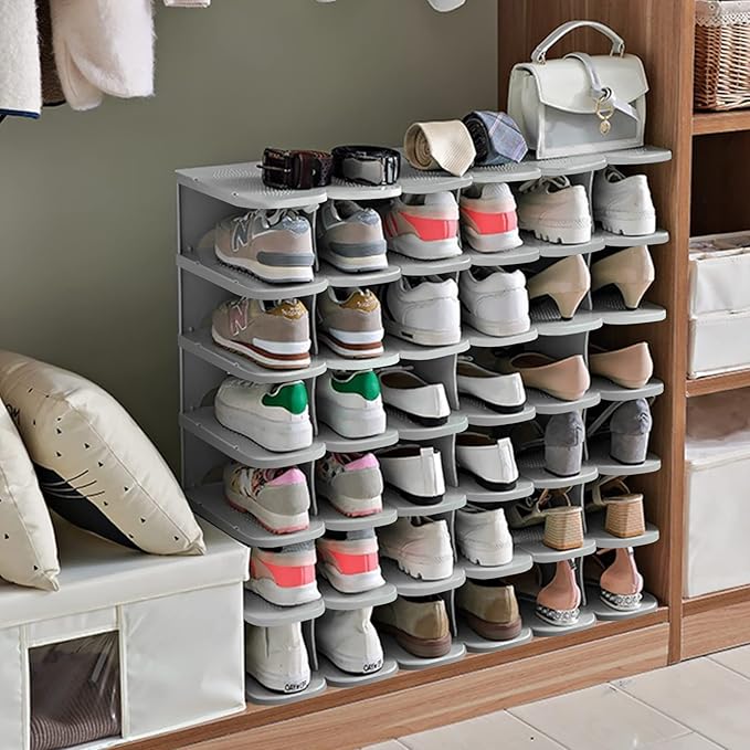 6-Tier Thickening Cubby Shoe Rack, Free Combination Shoe Organizer for Closet, Free Standing Shoe Tower, Stackable Space-Saving Adjustable Shoe Storage Shelf, Grey