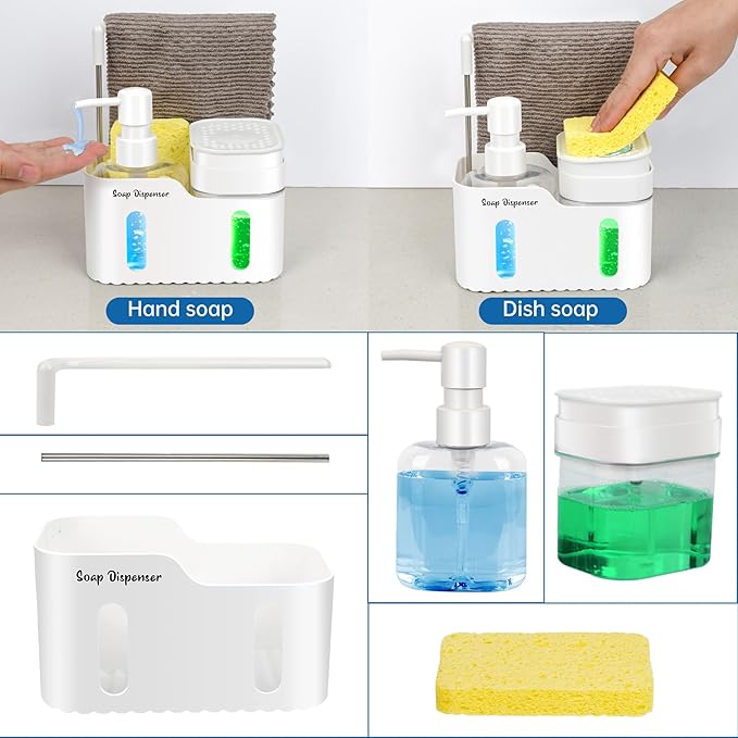 Hand Soap and Dish Soap Dispenser Set for Kitchen, White