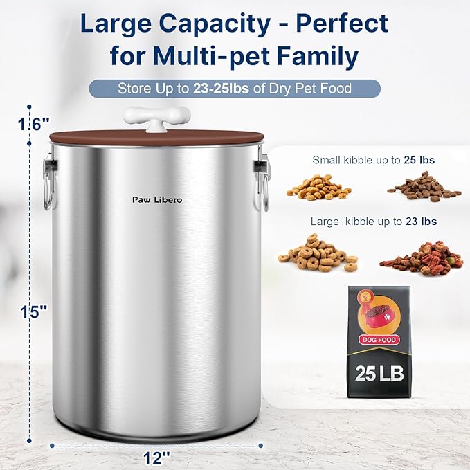 Paw Libero 2PK 25 Lbs Stainless Steel Dog Food Storage Container with Airtight Lid & Ceramic Bone Handle, Large Metal Dog Food Bin for Dogs & Cats, Keep Fresh, Easy to Clean
