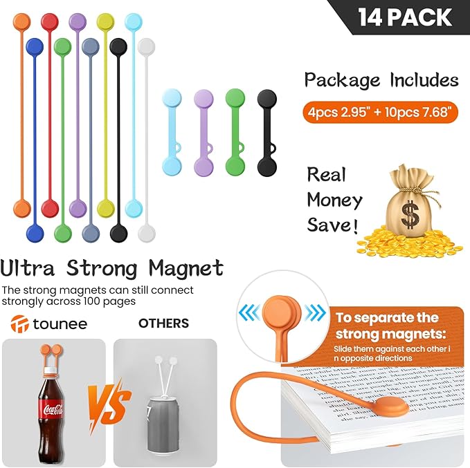 Tounee Reusable Silicone Magnetic Cable Ties - 2 Sizes Combo (4pcs 2.95'' + 10pcs 7.68'') - Multi-Purpose for Cable Bundling, Organizing, Bookmarks & Fridge Magnets - Assorted Colors, 14-Pack