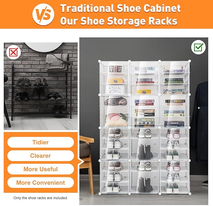12-Tier 3-Line Dustproof Shoe Boxes 72 Pairs Clear Shoe Rack Organizer Stackable Storage Cabinet Plastic Shoe Closet for DIY Home Bedroom Living Room Porch (72 Pairs)