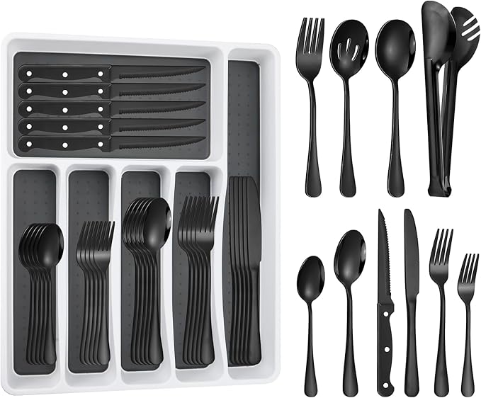 53PCS Black Silverware Set for 8 with Flatware Drawer Organizer, Stainless Steel Cutlery Set with Steak Knives, Include Spoons and Forks Set & Serving Utensils, Mirror Polished, Dishwasher Safe