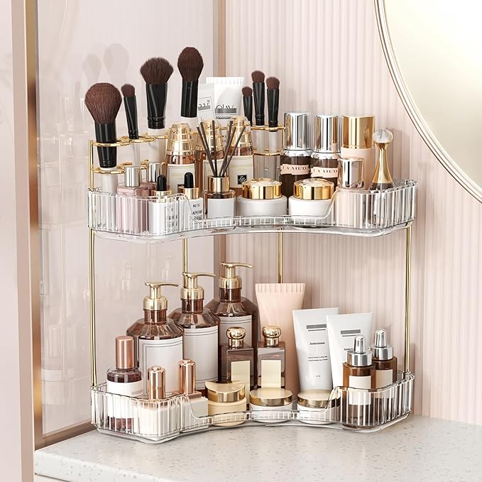 BEFSOP Corner Bathroom Counter Organizer, Upgraded 2-Tier Makeup Organizer Countertop with Makeup Brush Holder, Skincare Exquisite Vanity Organizers Countertop Bathroom Storage Dresser(CLEAR)