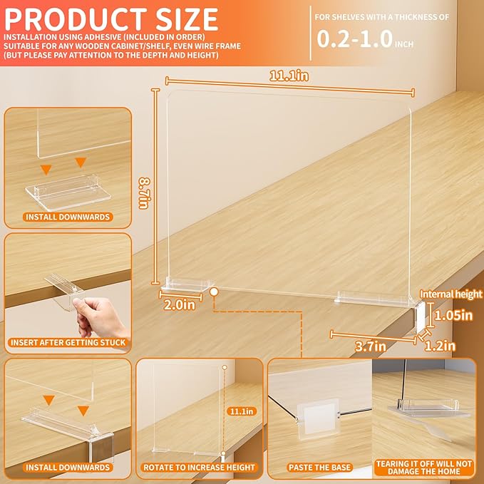 Yieach Adjustable Height Clear Shelf Dividers,6 Pack Acrylic Closet Shelf Dividers for Organization,11.1 Inch Tall Vertical Plastic Shelf Separators for Towel,Sweater,Towel Organizers and Bookshelf