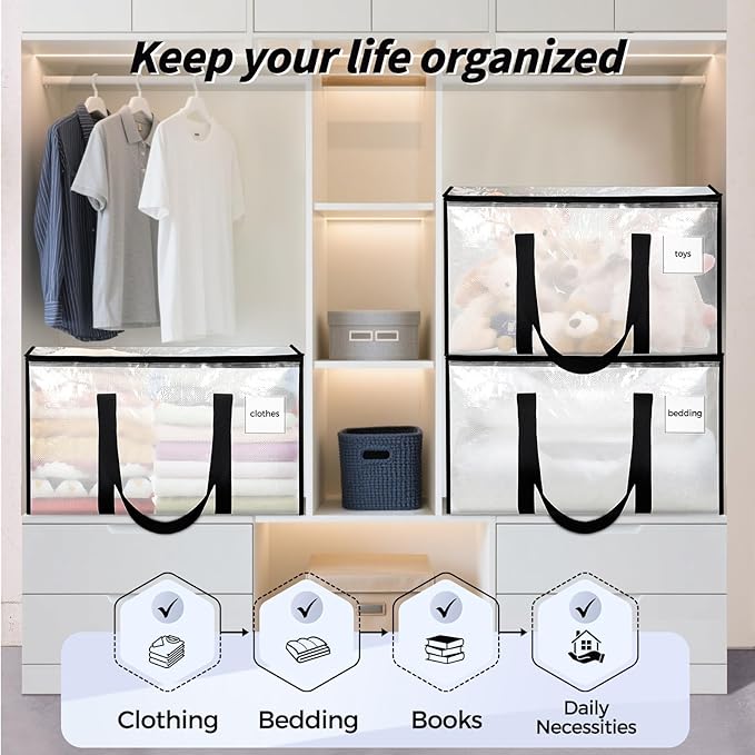 16 Pack Extra Large Heavy Duty Moving Bags, Clear Storage Bins with Lids