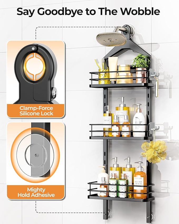 3 Tier Height-Adjustable Shower Caddy Hanging Hanger Anti-Swing-Over The Shower