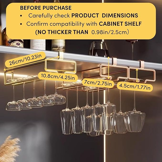 LINFIDITE 2 Pack Under Cabinet Wine Glass Rack Rose Gold Wine Glass Holder Stemware Rack Hanger Kitchen Hanging Storage Rack Organizer (For Partition Thickness under 0.98")