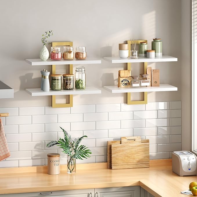 Floating Shelves, 15 Inch Wall Shelf Set of 2, White and Gold DW32BJ01