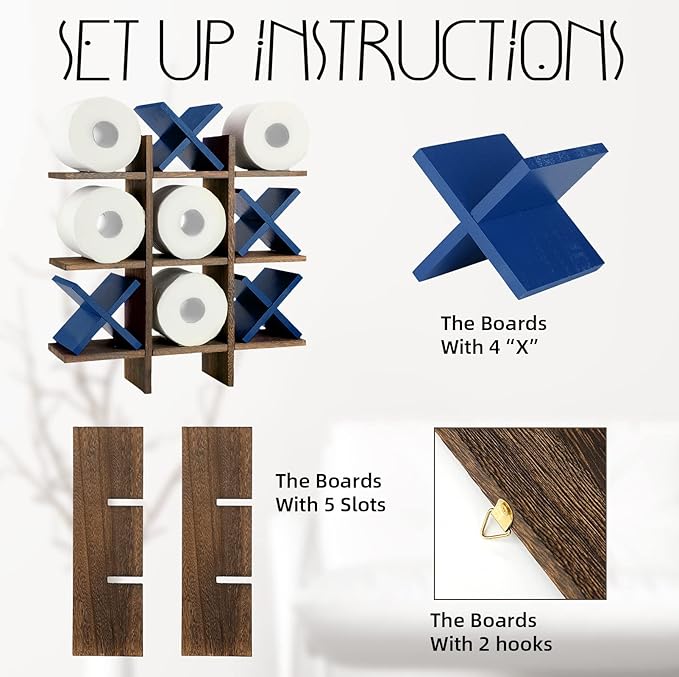 Weysat Tic Tac Toe Toilet Paper Holder Stand Bathroom Wall Decor Rustic Wooden Hanging Storage Freestanding Wall Mounted Shelves Decor for Toilet Tissue Farmhouse