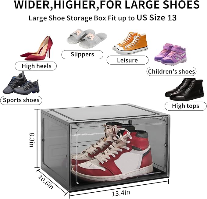 Large Shoe Boxes Clear Plastic Stackable, 8 Pack Drop Side Shoe Storage Organizer with Magnetic Door, Shoe Container Sneaker Storage Display Case Fit up to US Size 13 Black