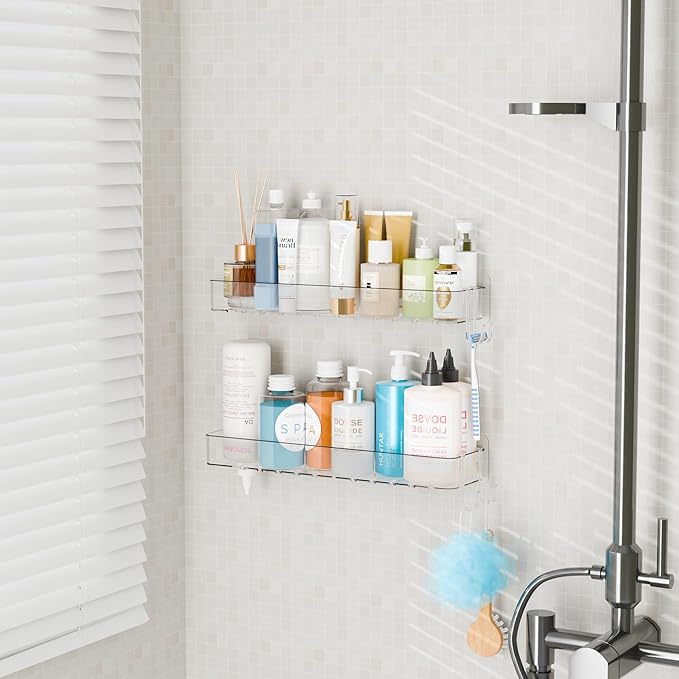 Yieach 2 Pack Clear in Shower Organizers,Adhesive Shower Caddy,No Rust Acrylic Shower Shelves & Storage Rack,Plastic Bathroom Shelves,Bathtub Storage Organizer,Shampoo,Conditioner Holder for Washroom