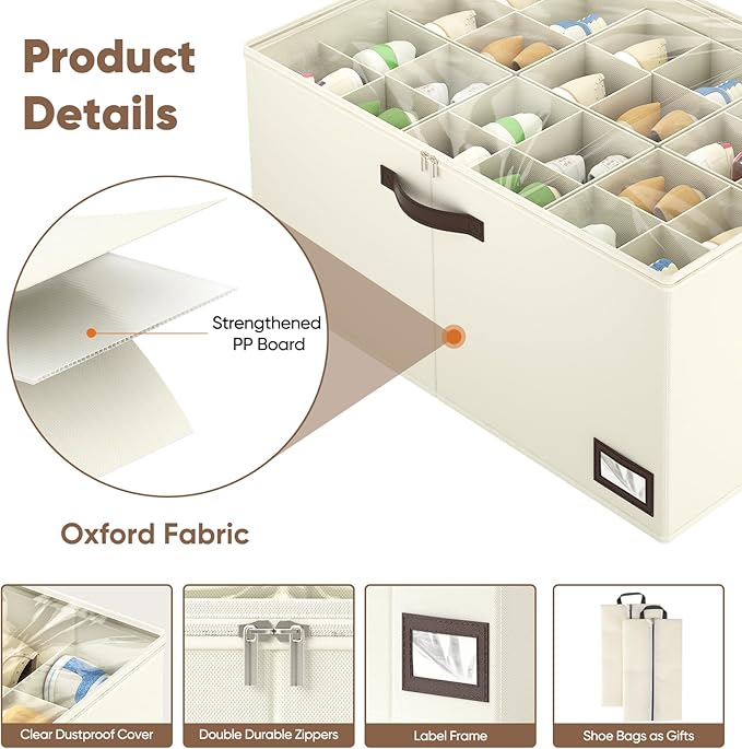 OIAHOMY 2 Pack Shoe Organizer for Closet, Large Foldable Shoe Storage Bins with Dividers and Reinforced Handles, Each Clear Cover Sneaker Box Fits Up to 24 Pairs for Entryway and Bedroom, Beige