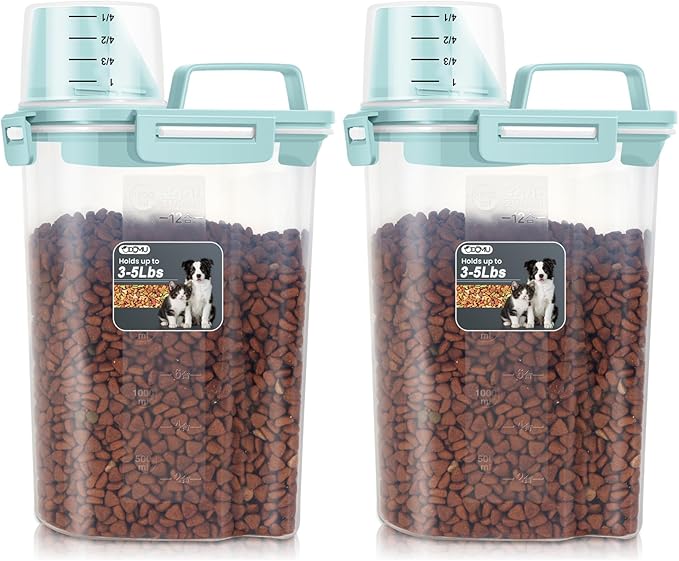 2.5-5LBS Upgraded Large Nozzle Dog Cat Food Storage Container BPA-free, Airtight Pet Food Storage Bin with 4 Lock Buckles, Sealing Gasket, Cup for Pet Food, Cereal, Dog Treats, Rice, Dry Blue-2 Pack
