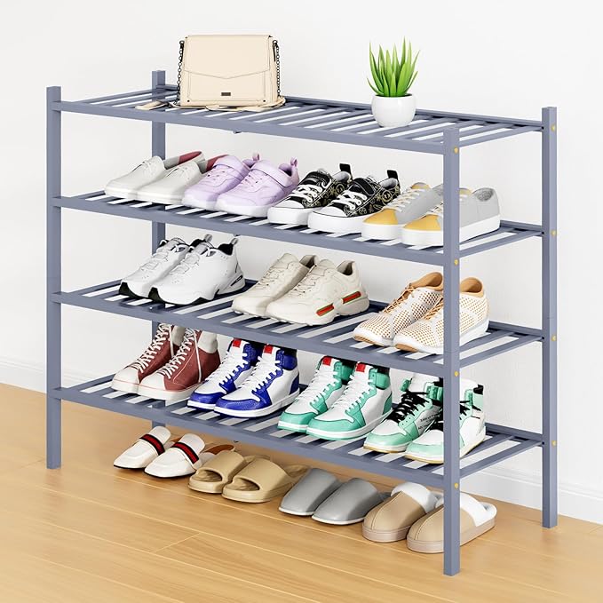 Smiry Long Bamboo Shoe Rack, 4 Tier Free Standing Wooden Shoe Organizer, Stackable Wood Shoe Storage Shelf for Closet, Entryway, 12 Vertical Slats, 2+2 Stack Standard Legs, 33.7"x11"x26", Grey