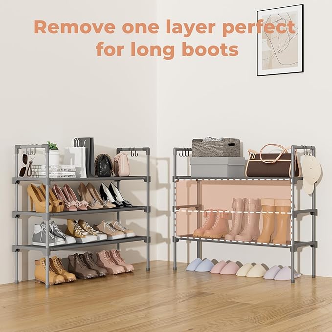 3 Tier Shoe Rack for Closet, Shoe Organizer with 5 Hooks, Grey