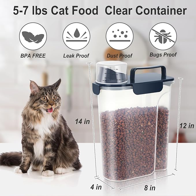 5-7LBS Upgraded Large Nozzle Cat Dog Food Storage Container BPA-free, Airtight Pet Food Storage Bin with 4 Lock Buckles, Sealing Gasket, Cup for Pet Food, Dog Treats, Rice, Flour, Dry- Dark Blue