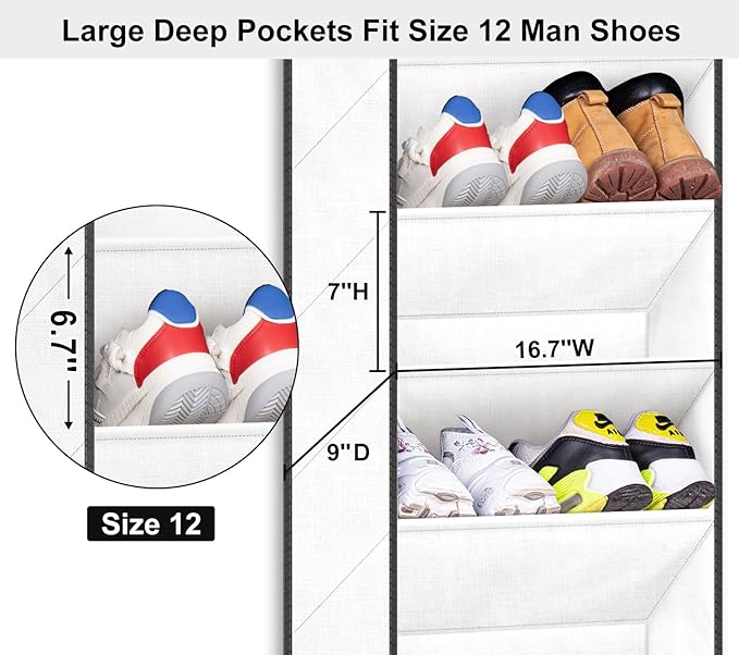 SLEEPING LAMB Over The Door Shoe Organizer for Closet with Large Deep Pockets, Narrow Shoe Rack for Door Hanging Boots Storage, White