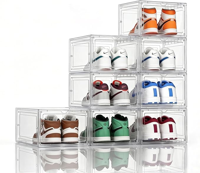 KEFA XL Shoe Storage Box Organizer, 8 Pack Clear Plastic Stackable Shoe Boxes, Sneaker Display Case Container for US Size 15