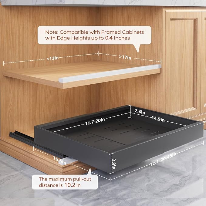 2 Pack Pull Out Cabinet Organizers 16.5" Deep With Raising Pad for Framed