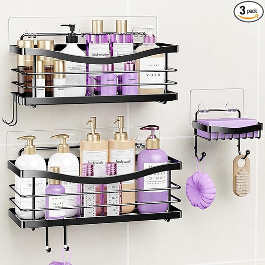 ODesign Shower Caddy 3 Pack-Shower Organizer Shelves Rack Rustproof SUS304 Stainless Steel for Bathroom Storage&Kitchen-No Drilling Adhesive Shower Caddy Shelf with 4 Hooks Suction Cup-Black