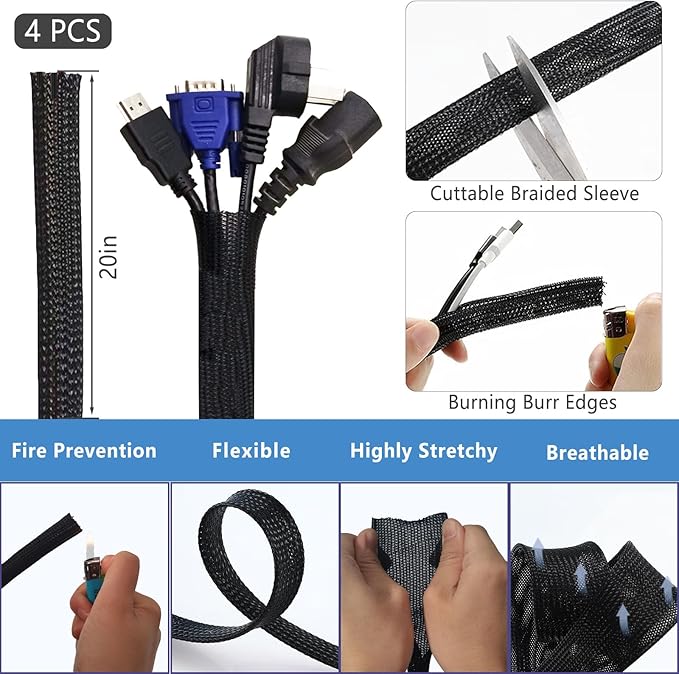 ELII 327 PCS Cable Management Kit 4 Cable Cable Sleeves,65 Cable Clips with 13Cord Holders,25 Roll Cable Organizer Straps,200 Fastening Cable Ties,20 Cable Zip Tie Mounts for Computer (Black)