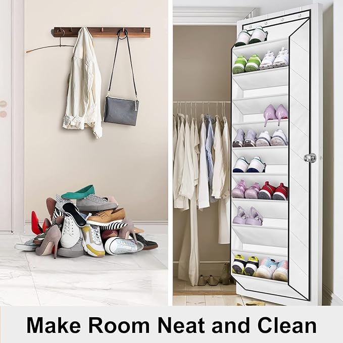 SLEEPING LAMB Over The Door Shoe Organizer for Closet with Large Deep Pockets, Narrow Shoe Rack for Door Hanging Boots Storage, White
