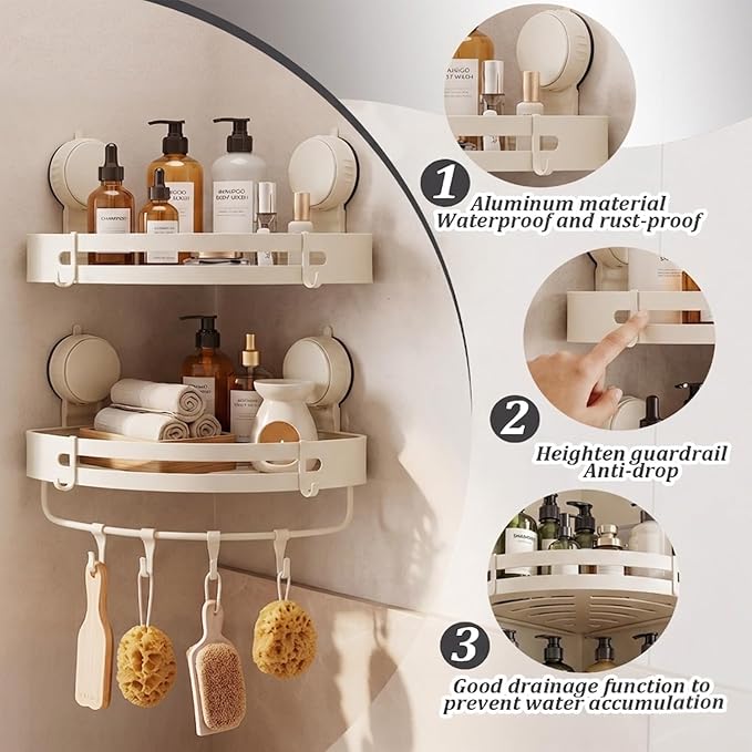 Suction Cup Shower Caddy(2-Pack Cream White),Single 1.77 Inches High No-Drilling Aluminum Bathroom Organizer with Towel Bar & Hooks,Moder wall Shower Shelf and Storage Decor