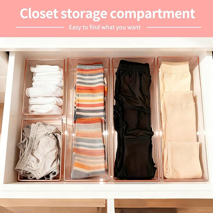6 Pack Large Size Clear Stackable Drawer Organizer Trays, Rose Gold Rim Makeup Drawer Storage Tray Divider, Desk Storage for Makeup, Jewelry, Bathroom, Stationary, Kitchen Utensils and Office Desk