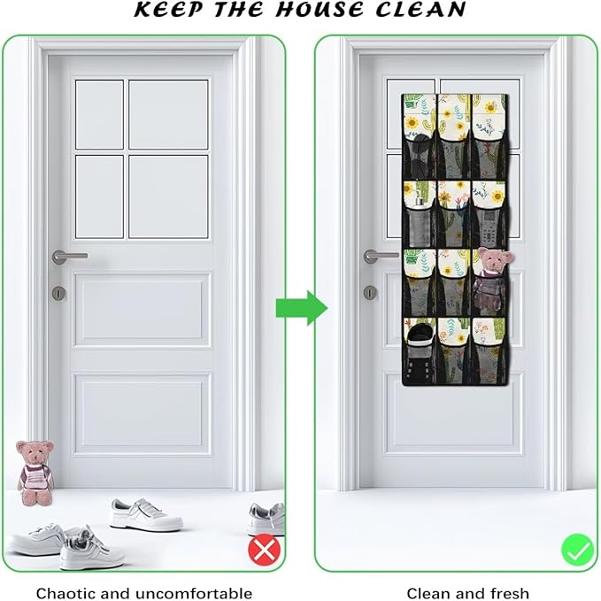 Over The Door Organizer, Cactus 4 Shelf Hanging Storage Organizer with 12 Clear Mesh Shoe Organizer Door Hanger Closet Hanging Rack for Shoes for for Apartments Dorms