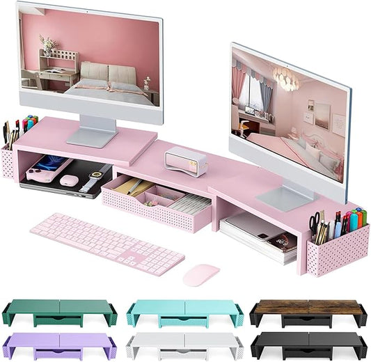 Dual Monitor Stand Riser, Desk Organizer With Drawer and 2 Pen Holders, Pink