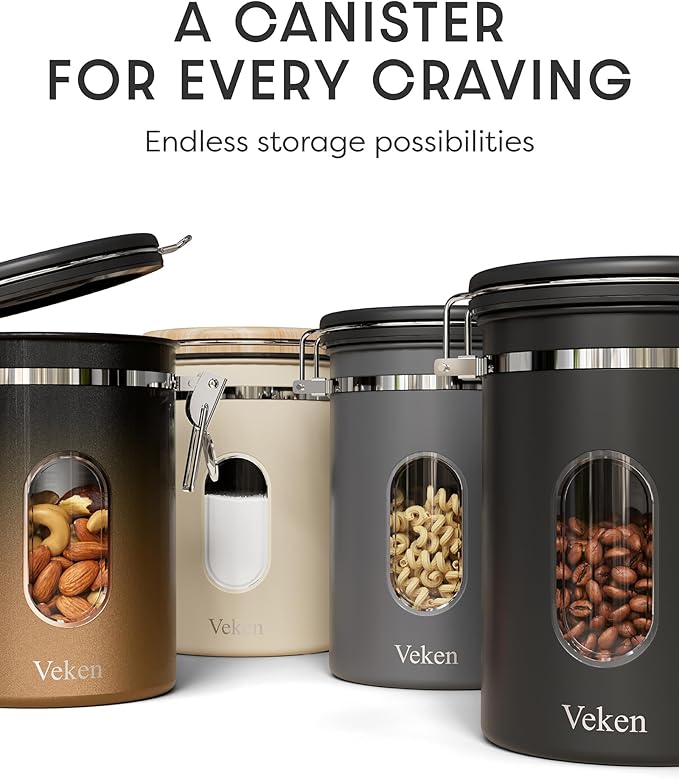 Veken Coffee Canister with Window,Airtight Stainless Steel Kitchen Food Storage Container, Date Tracker & Scoop for Grounds Coffee, Beans, Tea, Flour, Cereal,Sugar,22OZ,Grey