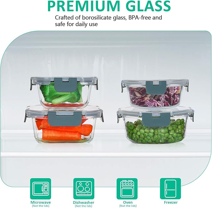KOMUEE 24 Pieces Glass Food Storage Containers Set, Meal Prep Containers, BPA-Free Airtight Glass Storage Containers with lids,Freezer, Microwave and Oven Safe,Gray