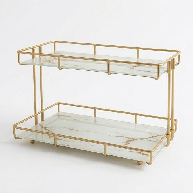2-Tier White Marble Bathroom Countertop Organizer – Glass Shelves & Gold Metal Frame, Elegant Vanity Storage Shelf for Perfume, Skincare, Makeup & Toiletries