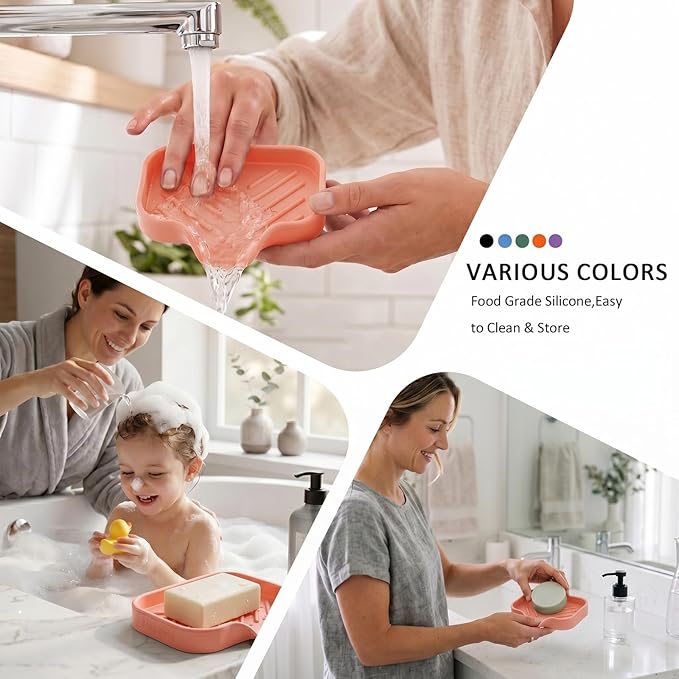MicoYang Silicone Soap Dish with Drain Spout — Self-Draining Sink Organizer Tray for Bathroom & Kitchen, Holds Bar Soap, Sponges & Dispensers, Non-Slip & Dishwasher Safe, Pink (Small, 4.9"×3.2")
