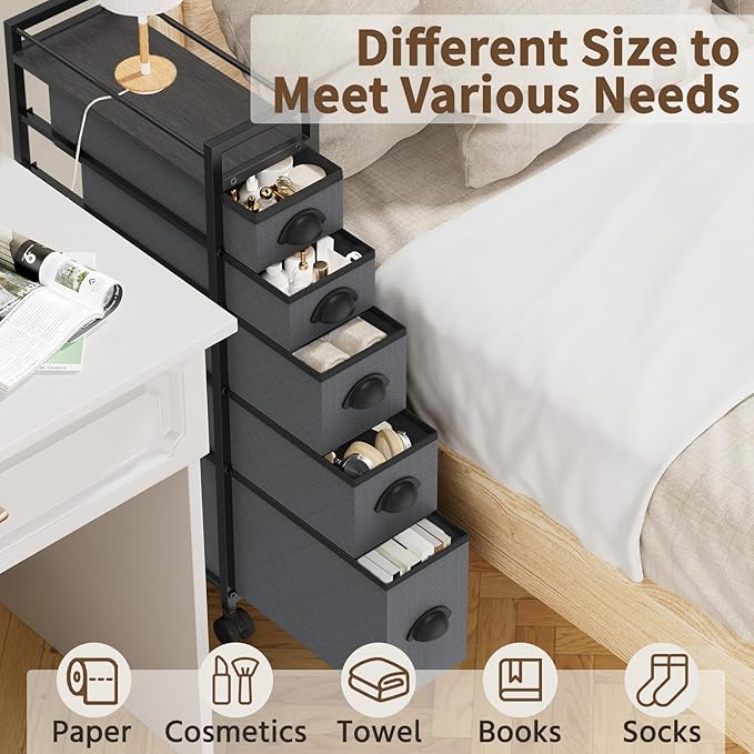 LASZOLA 5 Drawer Narrow Slim Cabinet Skinny Storage Tower Chest, Ideal for Small Spaces, Between Washer and Dryer, Lightweight Mobile on Wheels, Sturdy Fabric Drawers