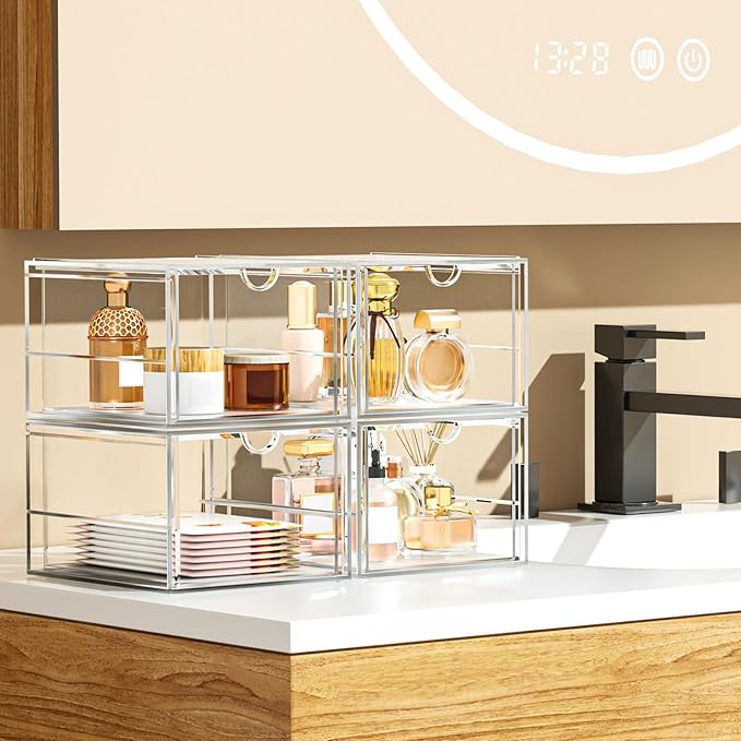 Caktraie Acrylic Makeup Organizer, 4 Pack Drawer Organizer