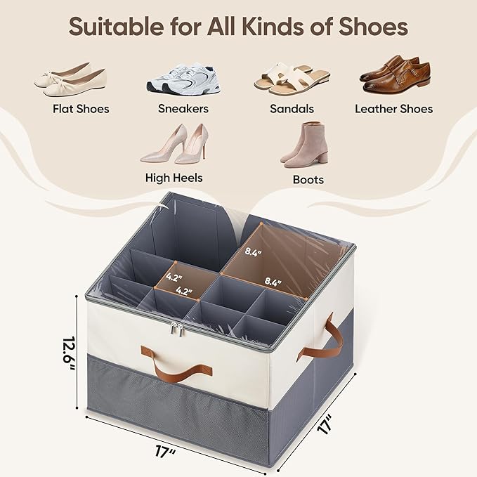 Shoe Organizer for Closet, 1 Pack Shoe Storage Container with Adjustable Dividers, Space Saving Shoe Box Storage Organizer Bin with Clear Lid and 4 Handles, Fits 8-16 Pairs, Beige & Grey