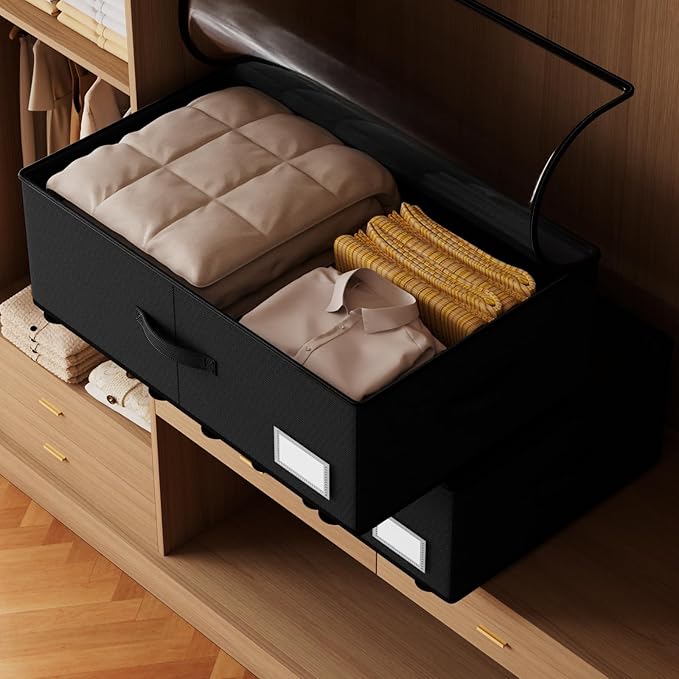 Under Bed Storage with Wheels,Under Bed Shoe Storage Organizers,Underbed Storage Bins,Rolling Under the Bed Storage Containers for Shoes Clothes in Dorm Bedroom,2 Pack（Black）
