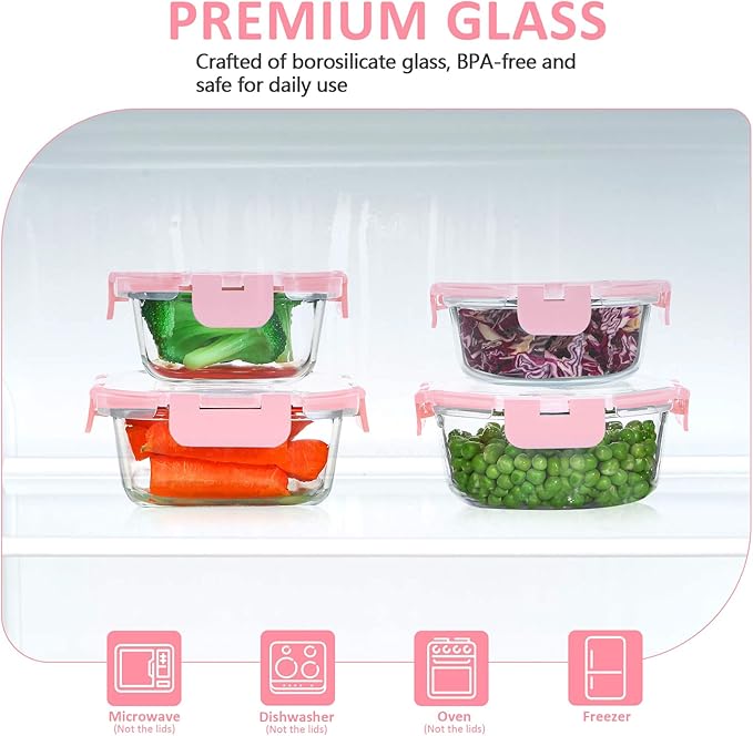 KOMUEE 24 Pieces Glass Food Storage Containers Set, Meal Prep Containers, BPA-Free Airtight Glass Storage Containers with lids,Freezer, Microwave and Oven Safe,Pink