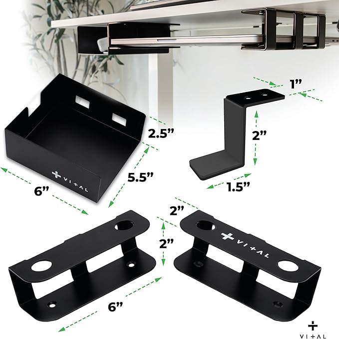 VI+AL Under Desk Laptop Mount - Hidden Metal Shelf with Side Storage - Installs with Tape & Screws - Fits Devices up to 1.7" Thick - Standard (No Hook or Cable Organizer)
