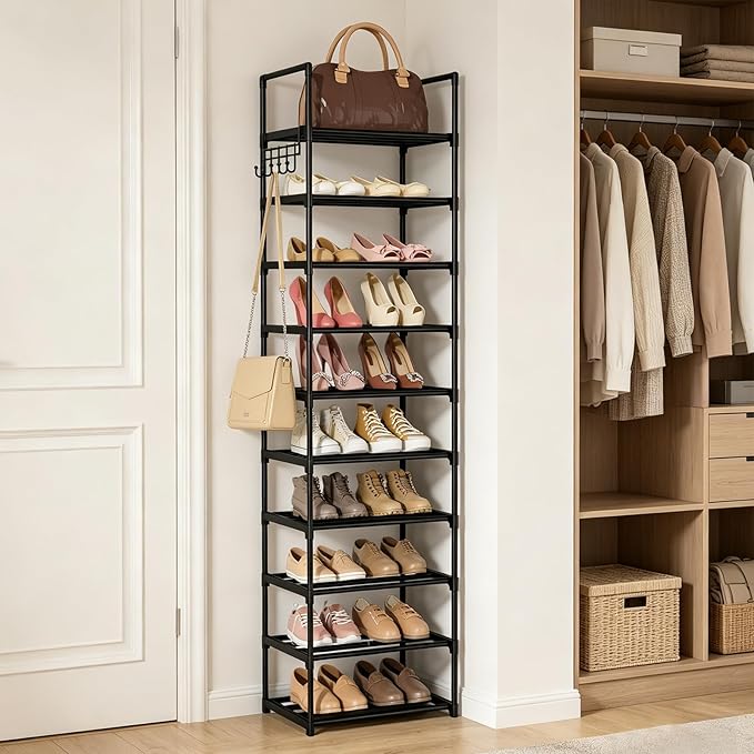 Narrow Shoe Rack 10 Tiers Tall Shoe Rack for Entryway Closet 20 24 Pairs Shoe & Boots Organizer Storage Shelf Durable Black Metal Stackable Shoe Cabinet with Hooks, 17.1D x 11.8W x 78.7H in