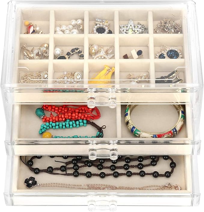 FEISCON Acrylic Jewelry Organizer Makeup Cosmetic Storage Organizer box Clear Jewelry Case with 3 Drawers Adjustable Jewelry Box Velvet Trays grid size