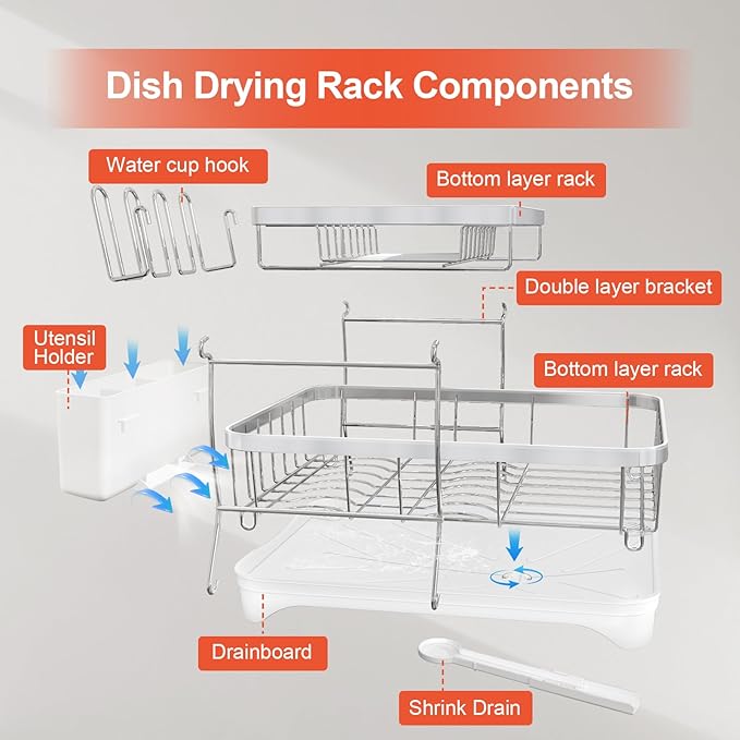 Dish Drying Rack for Kitchen Counter, 2-Tier 304 Stainless Steel Dish Rack with Adjustable Drainage Board, Removable Cup Holder, Utensil Holder, White